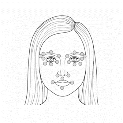 Sketch of a woman's face with arrows around eyes, nose, and mouth showing massage direction